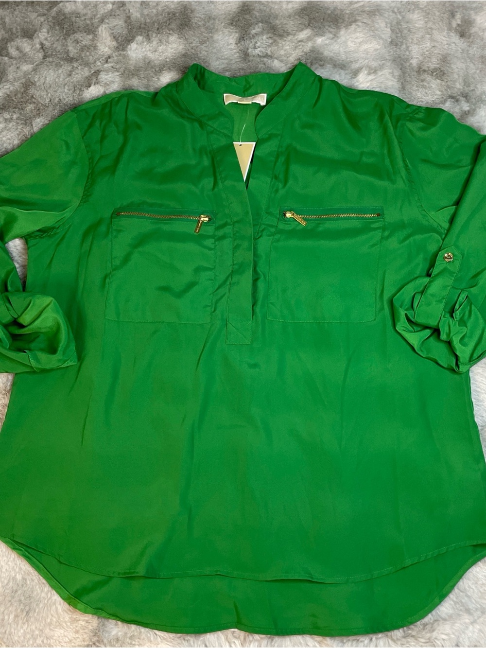 Michael Kors Emerald Green Split-Neck Blouse with Gold Zippers-0220